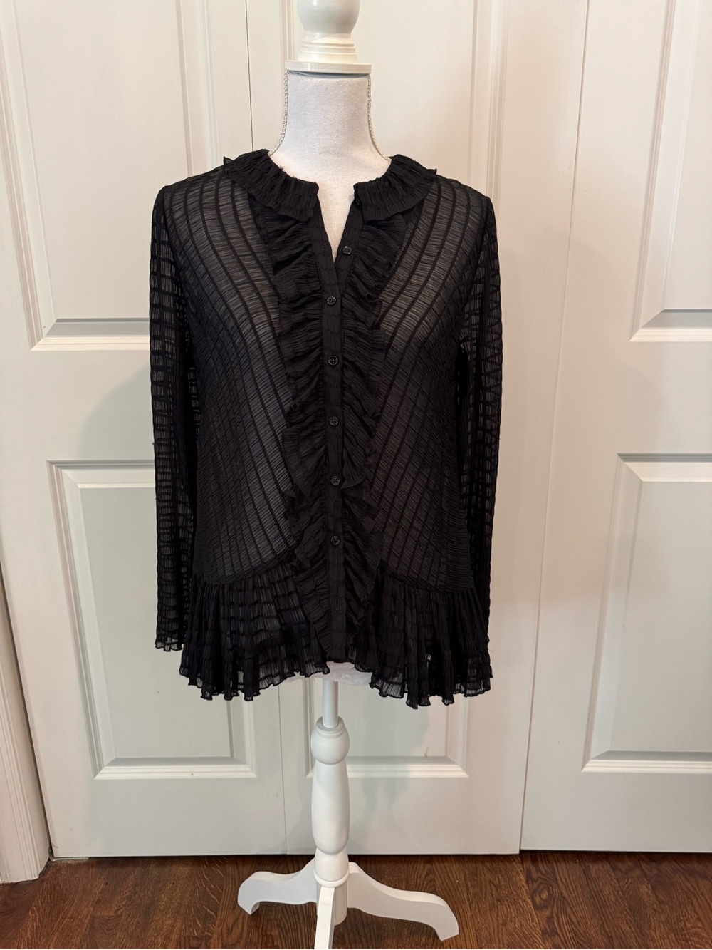 ZARA Black Sheer Ruffled Button Down Blouse Top Small